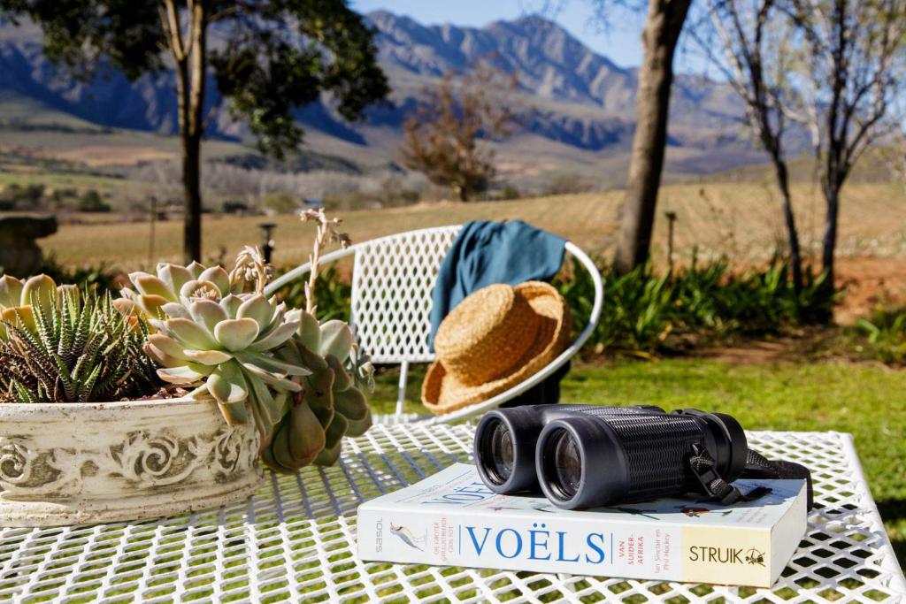 Binoculars and book on table outside Swartberg Pass attractions Binoculars and book on table outside